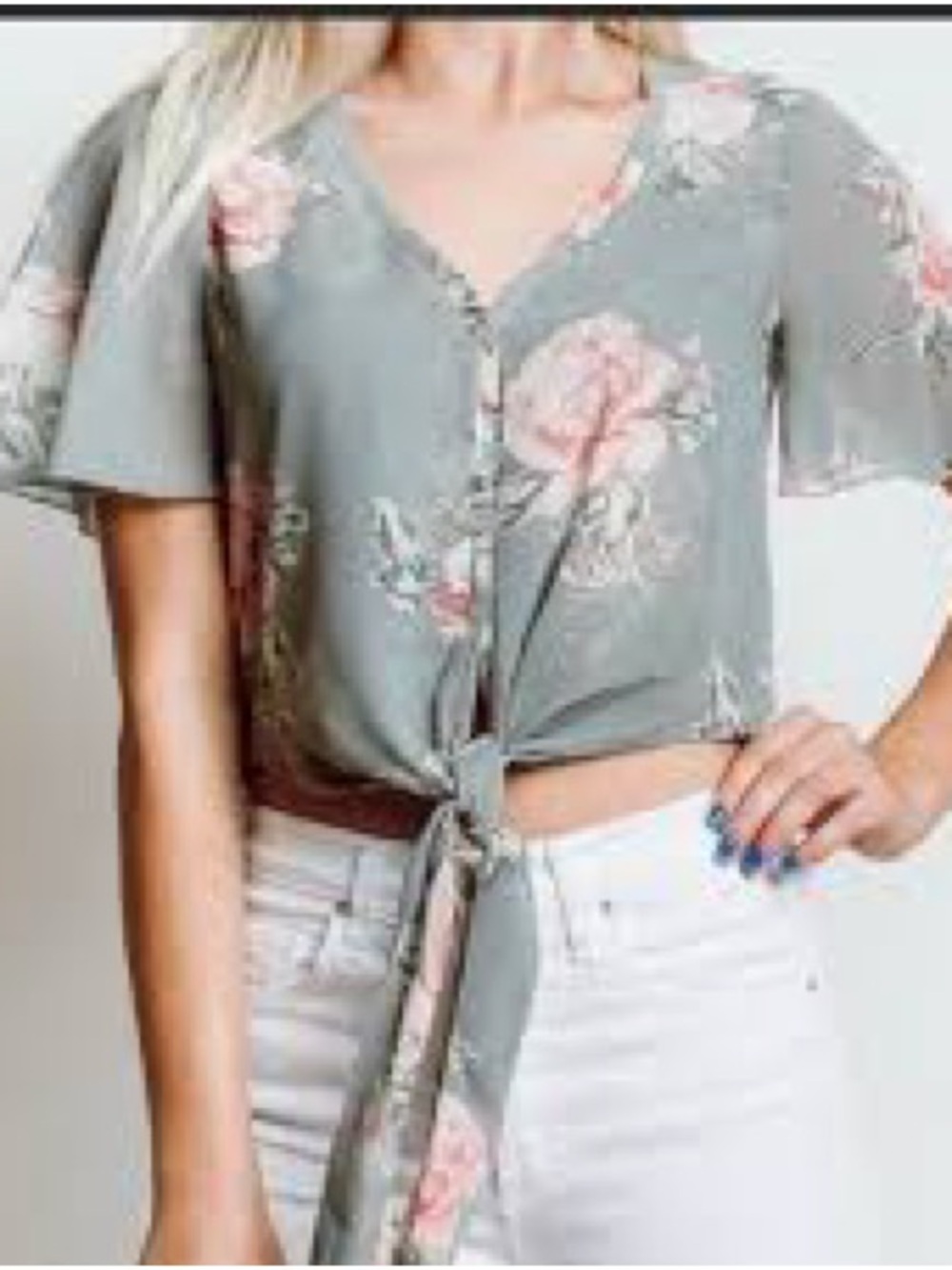 Show Me Your MuMu Sage Floral Tie-Front Crop Top with Pink Roses